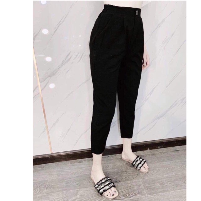 Quần baggy nữ vải đũi cạp thun chun dáng dài chất đũi mát mềm màu đen quần đũi nữ mặc ở nhà đi học làm đi biển