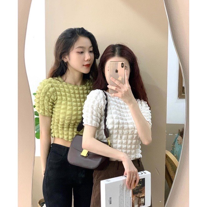 Áo croptop nữ cổ tròn dáng ngắn vải xốp nổi 3 màu hot hit, áo thun tay ngắn ôm body sang chảnh