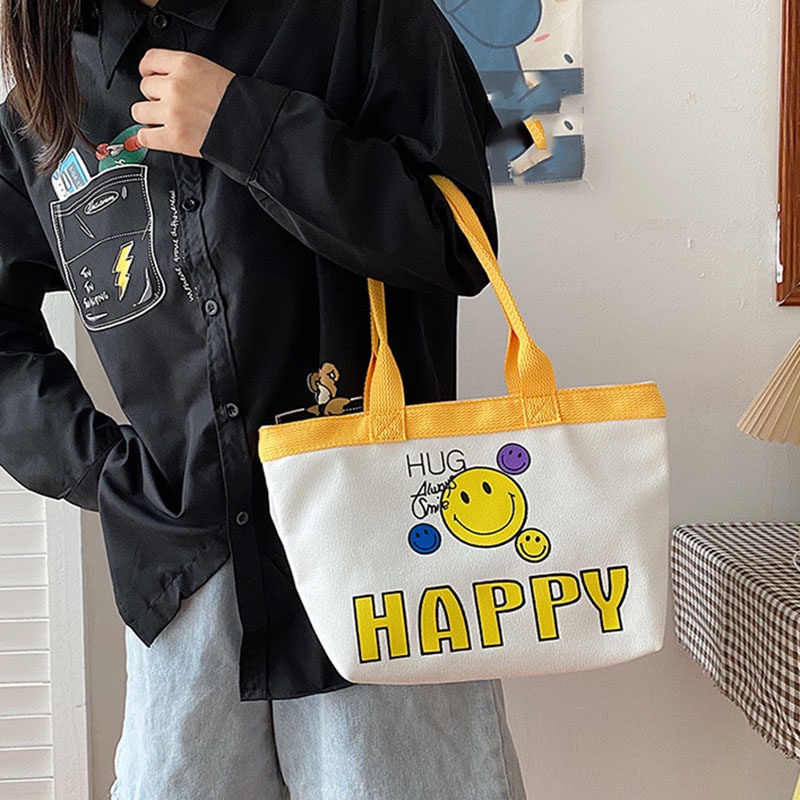 Túi Đeo Vai Vải canvas In Hình Mặt Cười Thời Trang Cho Nữ