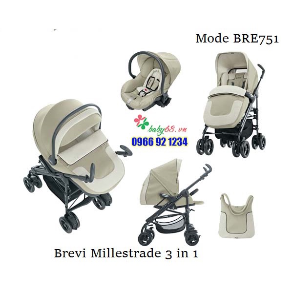 Bộ xe đẩy trẻ em Brevi Millestrade 3 trong 1 BRE-751 - Làm xe đẩy em bé, ghế ngồi ô tô, nôi xách tay em bé