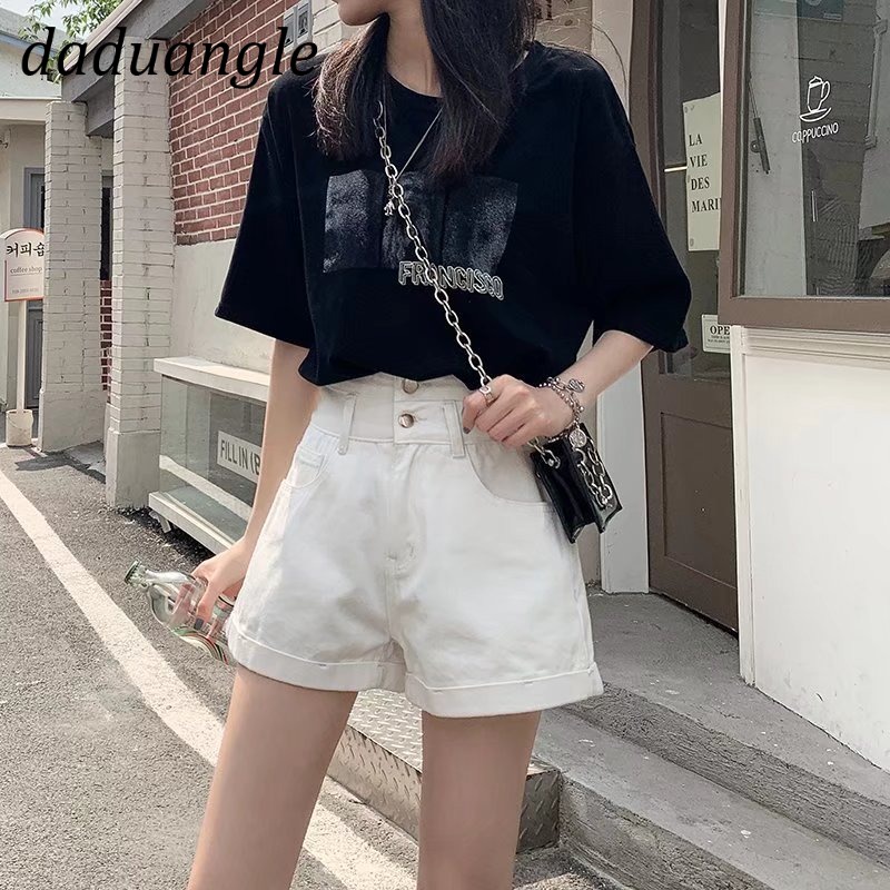 Quần short denim DADUHEY màu trơn ống suông rộng lưng cao thời trang mùa hè mới 2022 dành cho nữ