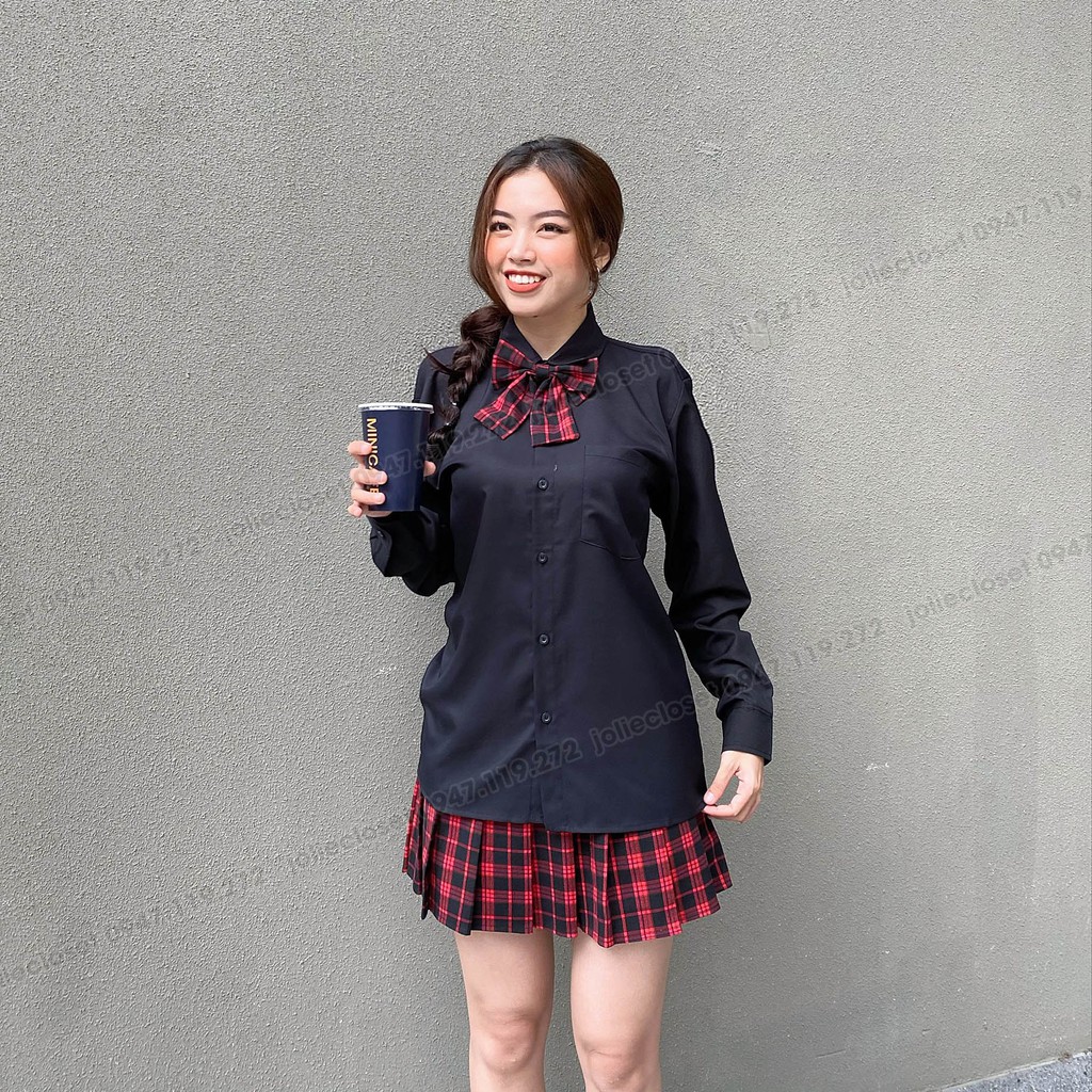 [Có sẵn] Set bộ đồng phục váy kẻ xếp ly thủy thủ JK và áo sơ mi kèm nơ phong cách Nhật Bản