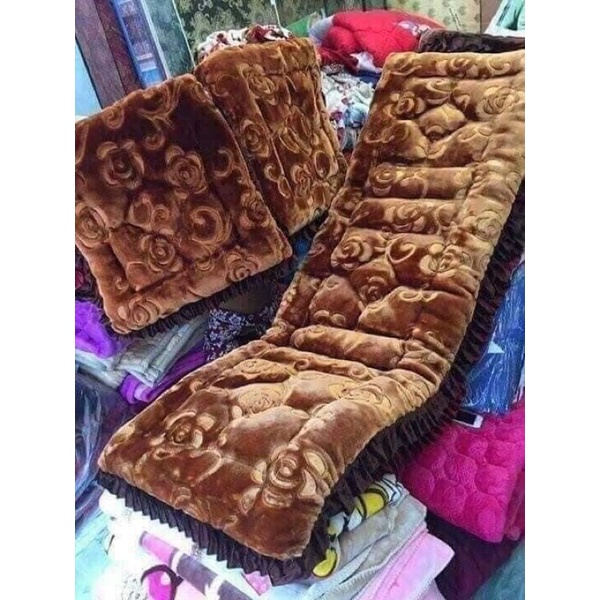 Bộ 3 Thảm ghế nhung in hoa văn nổi siêu Dày Dặn - 1 Ghế Dài 2 Ghế Vuông