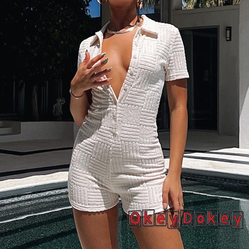 Áo liền quần Ngắn Tay Màu Trơn Họa Tiết Kẻ Sọc Màu Sắc Thời Trang Cho Nữ