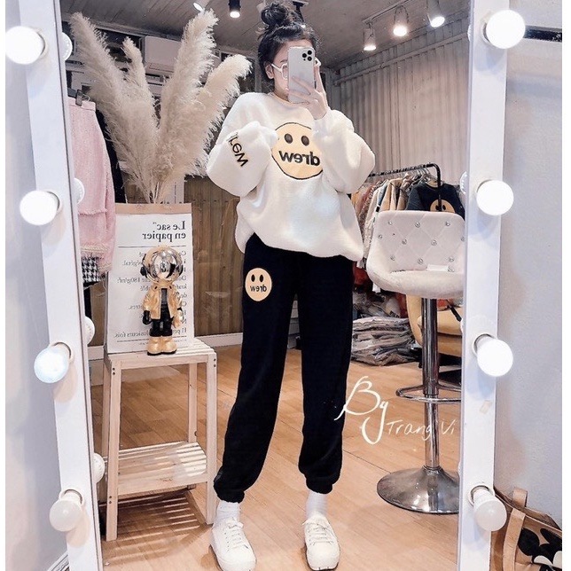 Set nỉ in hình mặt cười drew nữ - Bộ đồ ngủ quần ống bo gấu kèm áo sweater form rộng tay bồng mặc ở nhà đẹp ulzzang