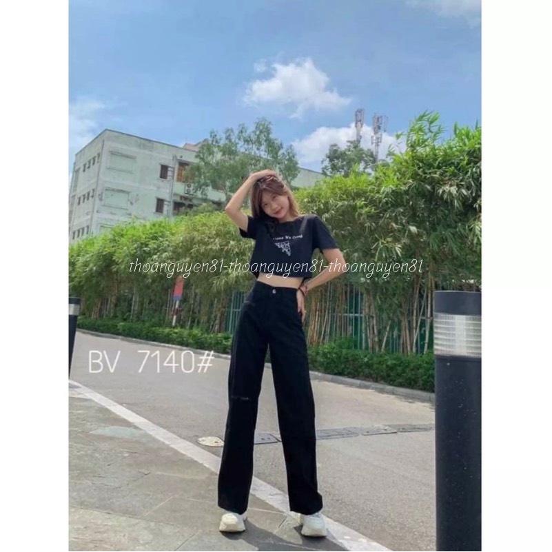 Quần jeans suông ống rộng đen nữ phong cách hàn quốc 2022