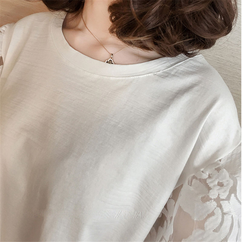 Áo Thun Cotton Ngắn Tay Dáng Rộng Phối Ren Xinh Xắn Cho Nữ