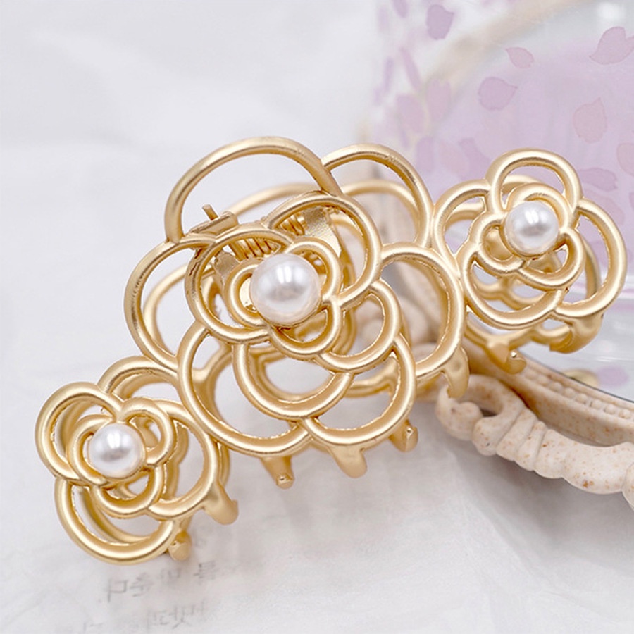 Kẹp tóc đuôi ngựa bằng kim loại hình hoa đính ngọc trai nhân tạo đơn giản phong cách Hàn Quốc