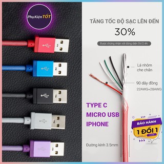 Dây Cáp Sạc Vải Lưới Đánh Cá Chống Rối, Chống Đứt Type C, Micro USB, Iphone Phù Hợp Mọi Dòng Điện Thoại