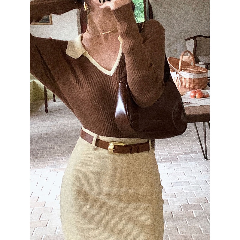 Áo croptop SUXI chất liệu thun dệt kim cổ chữ V dáng ôm phong cách retro Hàn Quốc mới
