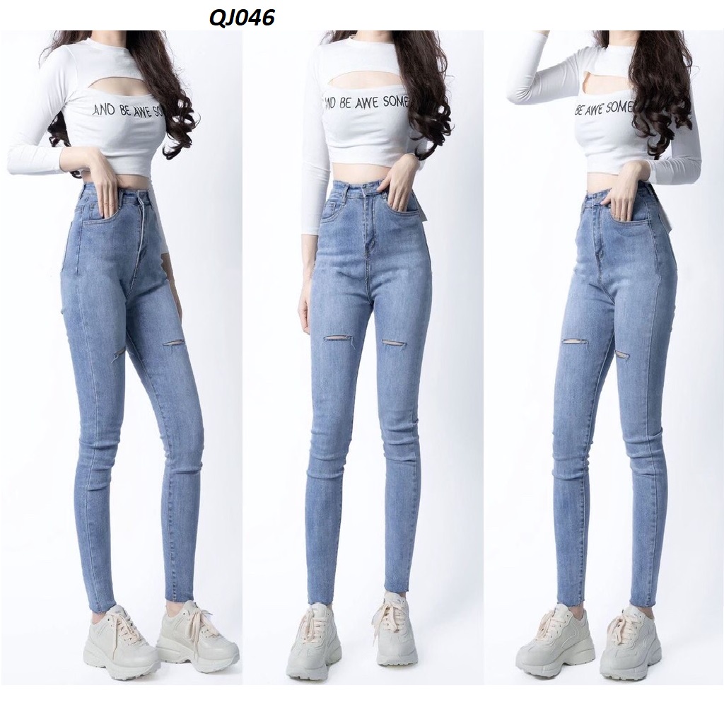 Quần Jeans Skinny Rách Gối Lưng Cao Hack Dáng Đẹp QJ046