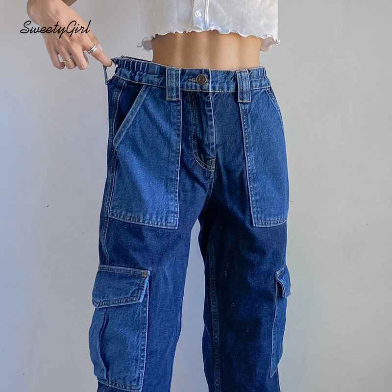 SweetyGirl Fashion Jeans Elastic High Waist Pocketed Straight Leg Women Casual All Match Streetwear Denim Pants