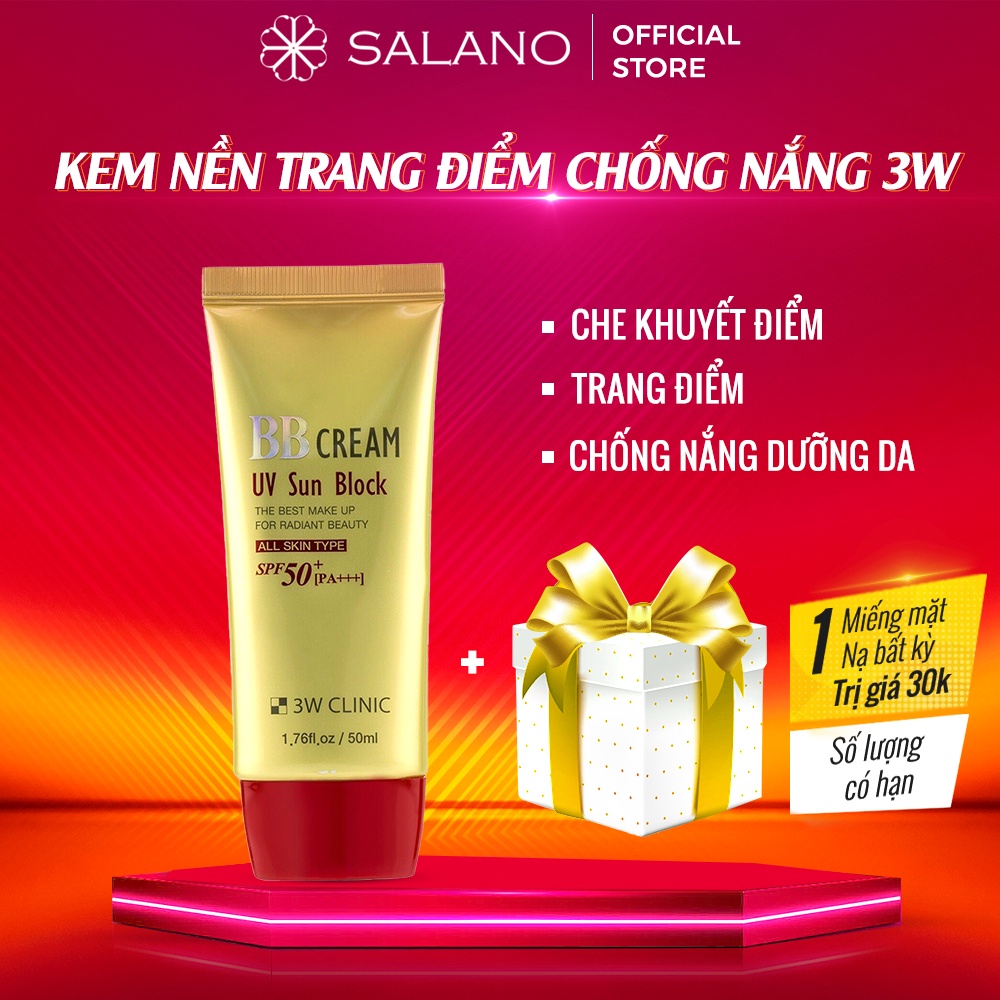 Kem nền che khuyết điểm cho da dầu chống nắng giảm mụn se lỗ chân lông lên tone da BB 3W Clinic SALANO BBSLN02