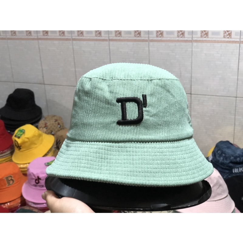 NÓN BUCKET THỜI TRANG NHUNG GÂN THÊU LOGO CHỮ D