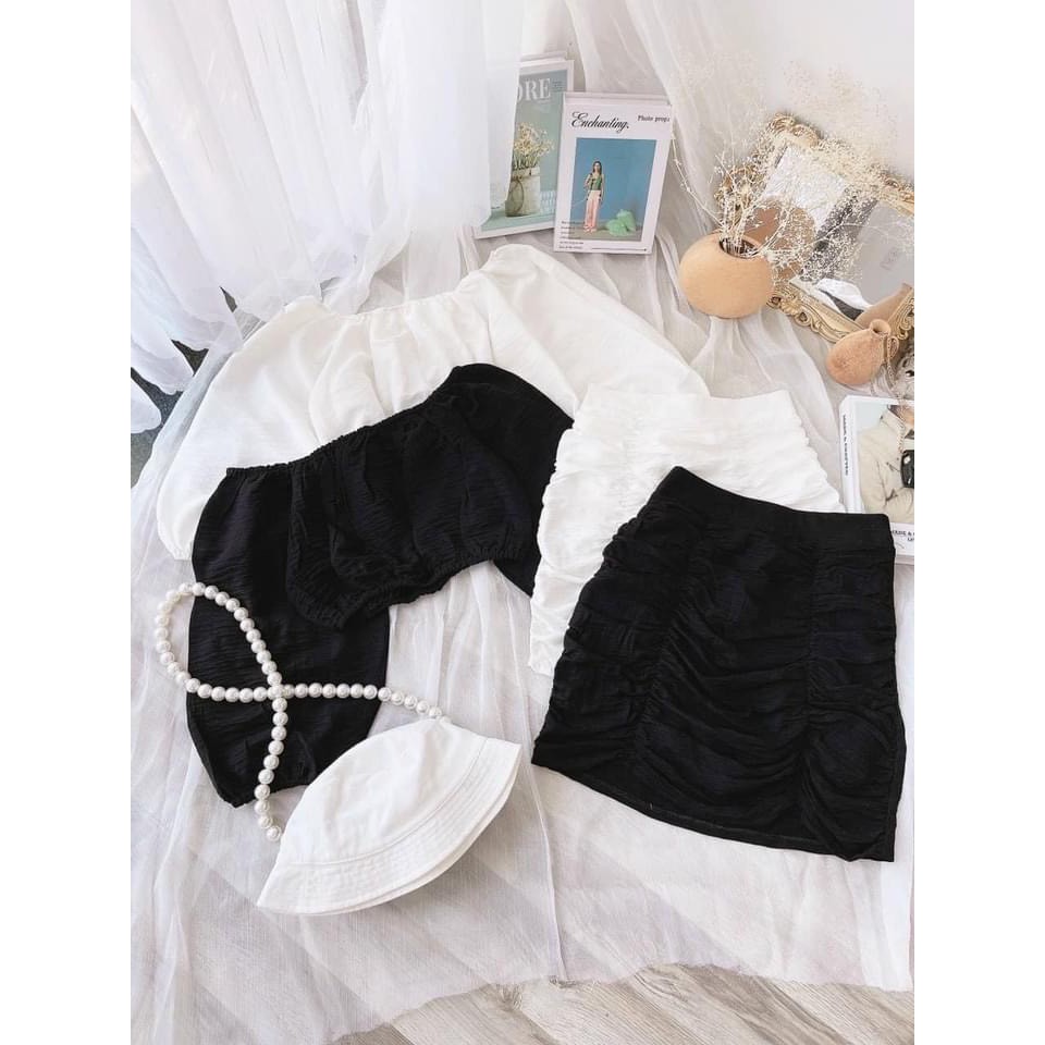 Sét Áo Trễ Vai Kèm Chân Váy Nhún Hai Màu Trắng Đen Cực Đẹp, Mặc Dạo Phố , Quẩy Bar | BigBuy360 - bigbuy360.vn