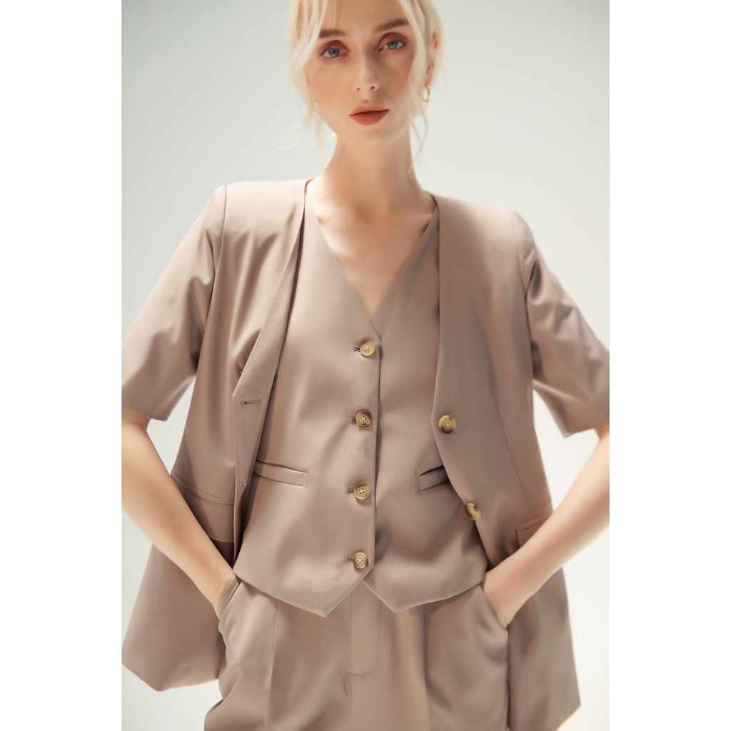 Set Suit 3 Khuy Ngắn Tay Cổ V ONMIX  - Carol suit - Nâu hồng - Vải Tuytsi Hàn