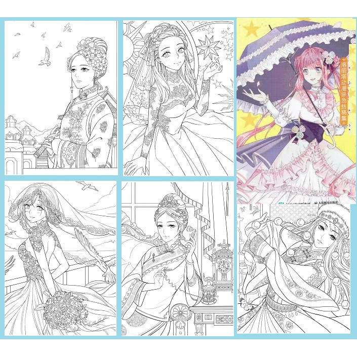 Bộ tranh tô màu  Anime giấy dày tô màu chì, màu nướckhổ A4, 5 tranh A4