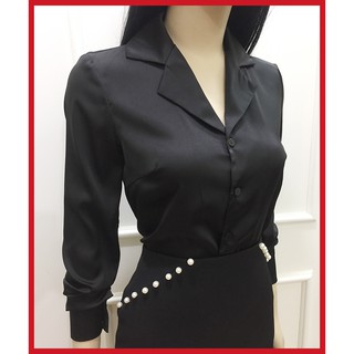 Áo sơ mi cổ vest nữ💖Freeship💖Có Clip - Áo sơ mi nữ màu đen vải lụa mềm tay dài