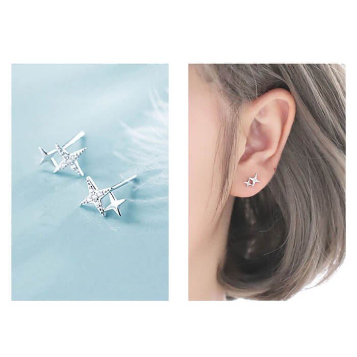 Khuyên Tai Bạc Nữ CaoBac Silver Hai Sao Bốn Cánh Tinh Tế Nhẹ Nhàng
