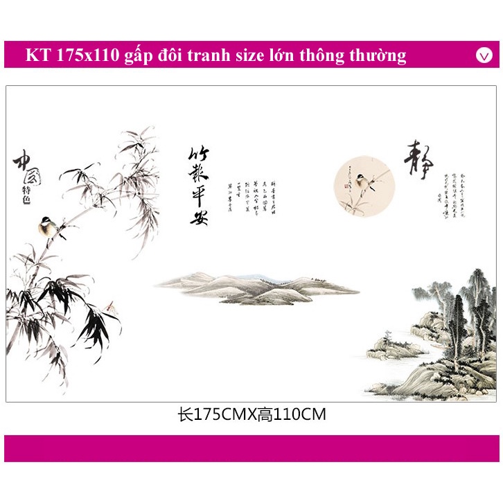Tranh kép dán tường phong cảnh và thư pháp TRÚC BÁO BÌNH AN kích thước 175x110cm