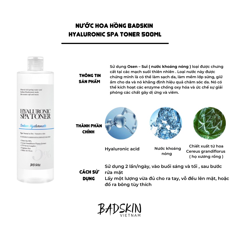 Nước hoa hồng BadSkin Hyaluronic Spa Toner 500ml