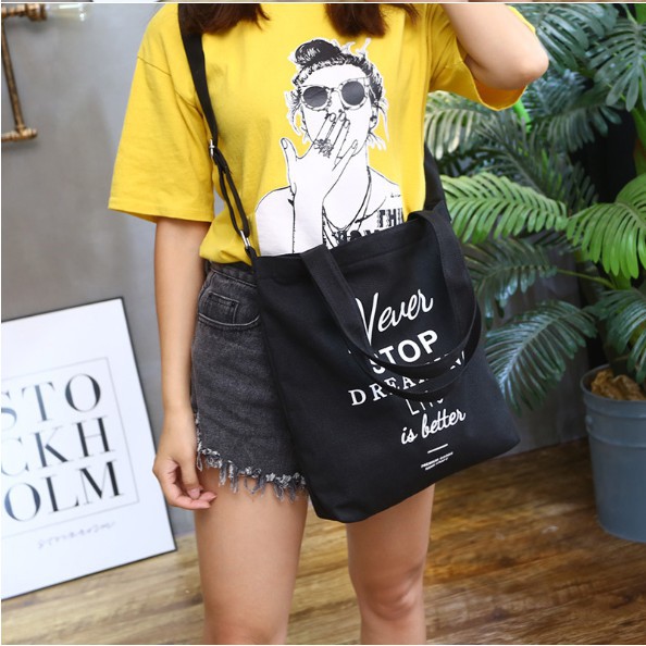 Túi vải bố canvas tote NỮ Unisex in chữ đựng thời trang đồ quần áo đeo vai nhỏ giá rẻ Herbagstore HB22