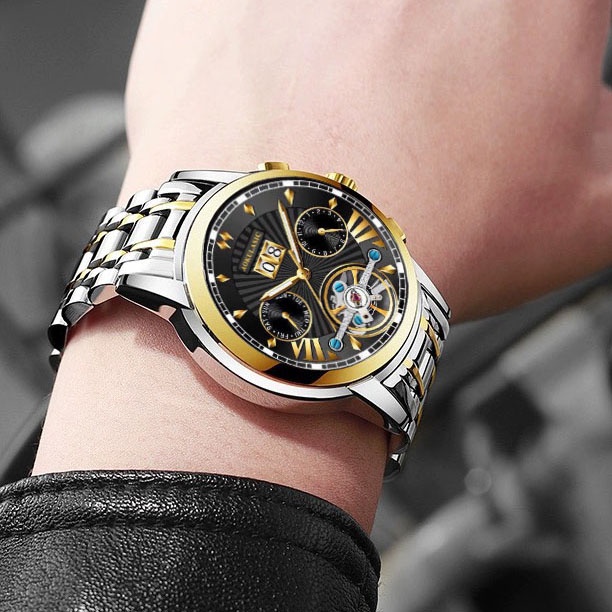 Đồng Hồ Cơ Nam AOKULASIC AUTOMATIC Dây Thép Đúc Đặc Khóa Bướm Kính Tráng Saphia Chạy Lịch Tháng, Ngày, Thứ Cao Cấp AOK79
