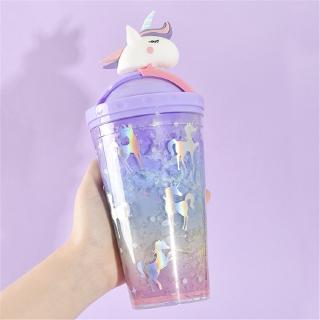 Bình Nước Nhựa Có Ống Hút Màu Cầu Vồng In Hình Kỳ Lân Dễ Thương