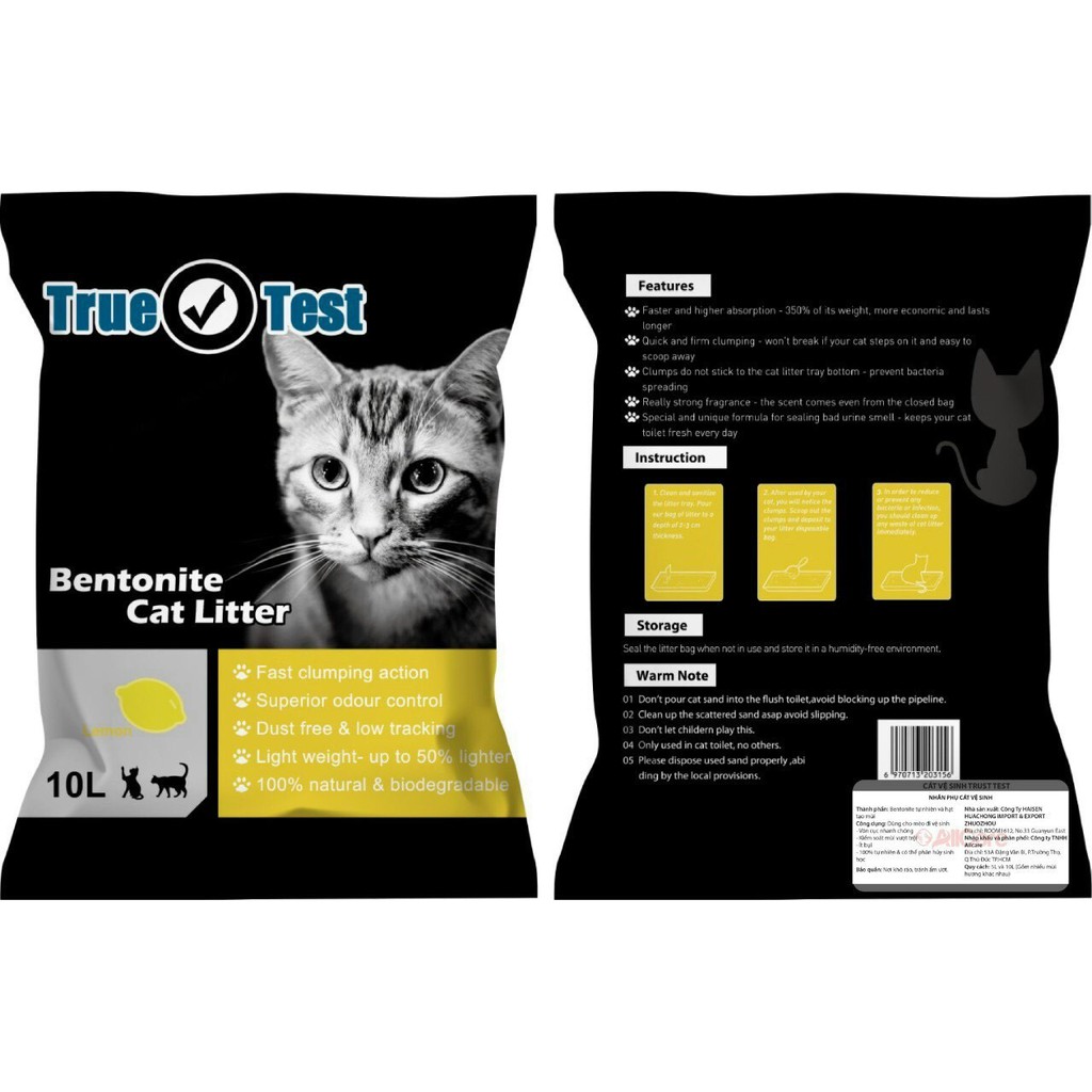 Cát vệ sinh cho mèo TRUE TEST Bentonite Cat Litter Túi 10L Siêu khử mùi Siêu vón cục Thương hiệu Haisen