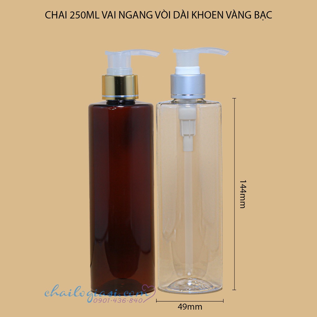 CHAI LỌ CHIẾT MỸ PHẨM - CHAI NHỰA 250ML VAI NGANG TRONG, TRẮNG VÒI DÀI KHOEN VÀNG, BẠC