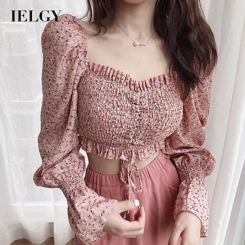 IELGY Áo Sơ Mi chiffon Cổ Vuông Viền Gỗ Dài Tay Phong Cách vintage Cho Nữ