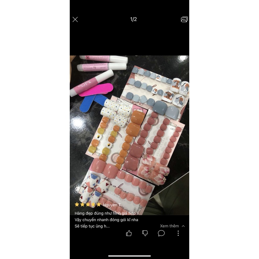 A43 Bộ 24 móng chân giả màu hồng dán chuột mickey kèm keo dũa