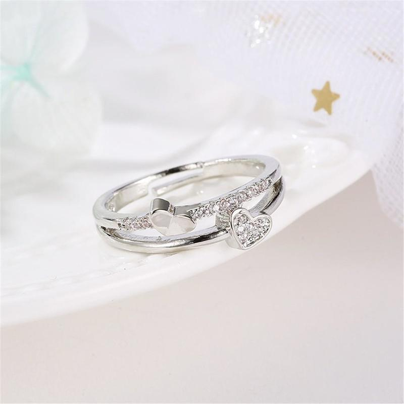 [WHOLESALE] [Women Korean Fashion Double Layer Crystal Heart Open Adjustable Rings ] [ Elegant Ladies Smooth Fine Thin Finger Ring] [Lovely Jewelry Gifts For Girl Friends]