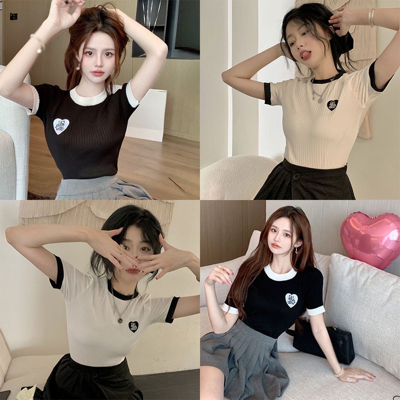 Áo Thun Dệt Kim Tay Ngắn Cổ Tròn Thêu Khối Màu Sắc Retro Hàn Quốc Dành Cho Bạn Nữ