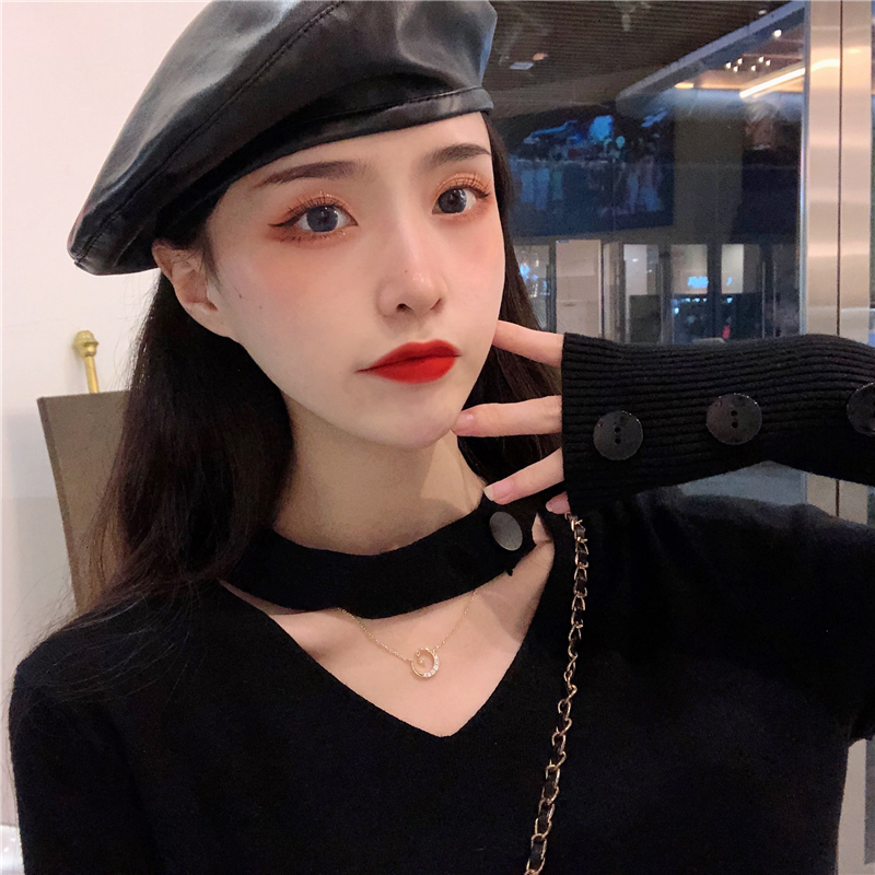 Xiaozhainv Áo len nữ tay dài cổ V dây nút phá cách phong cách Hàn