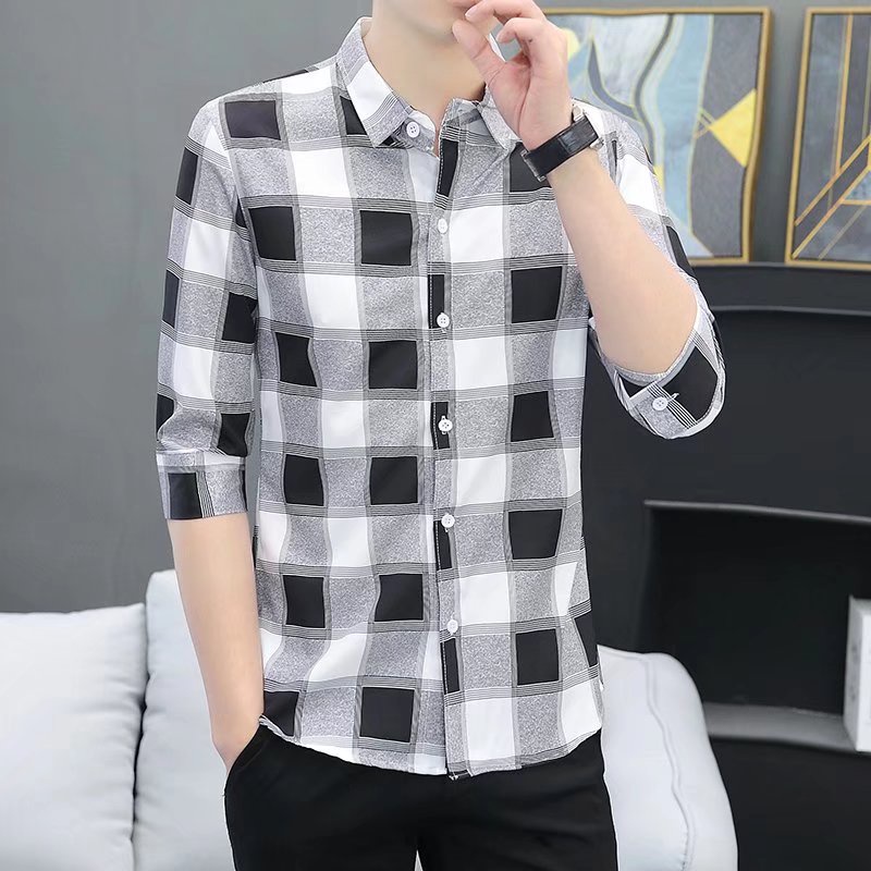Áo Sơ Mi Tay Lửng Kẻ Sọc Ca Rô Dáng Ôm Phong Cách Hàn Quốc Thời Trang Xuân Hè Cho Nam Size M-3xl