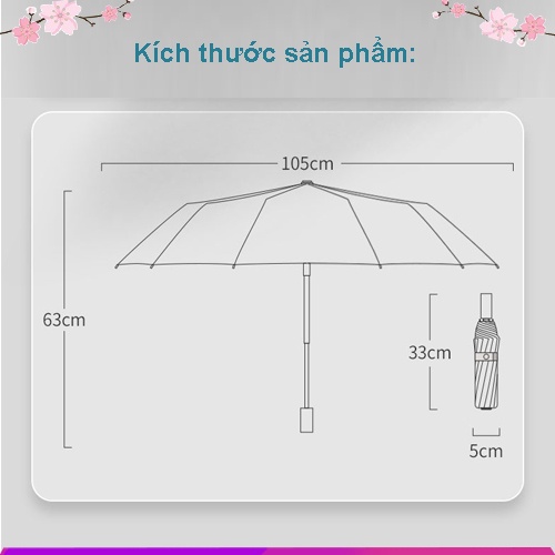 Ô dù che mưa, che nắng ngoài trời cầm tay chống tia UV bấm tự động gấp gọn hai chiều 12 nan