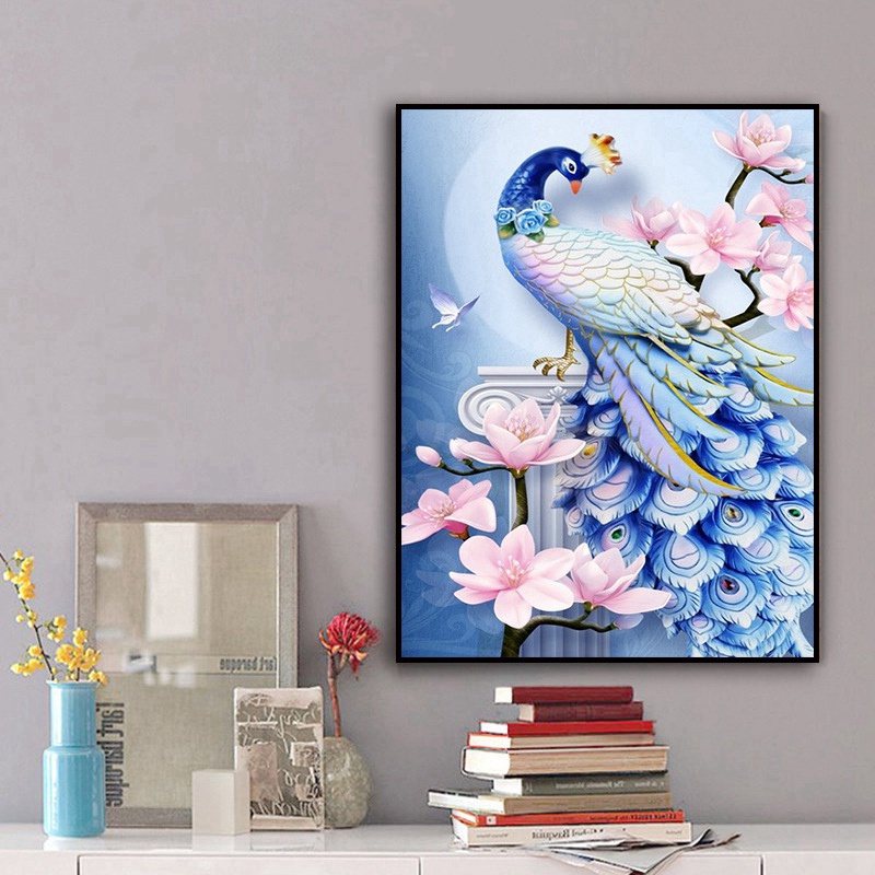 Bộ Tranh Đính Đá Họa Tiết Chim Công Xanh Dương Độc Đáo Diy Dùng Trang Trí Nhà Cửa 01