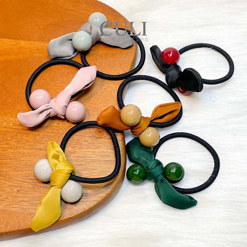 Dây cột tóc nơ phối châu nhiều màu xinh xắn cho nữ, style Hàn Quốc