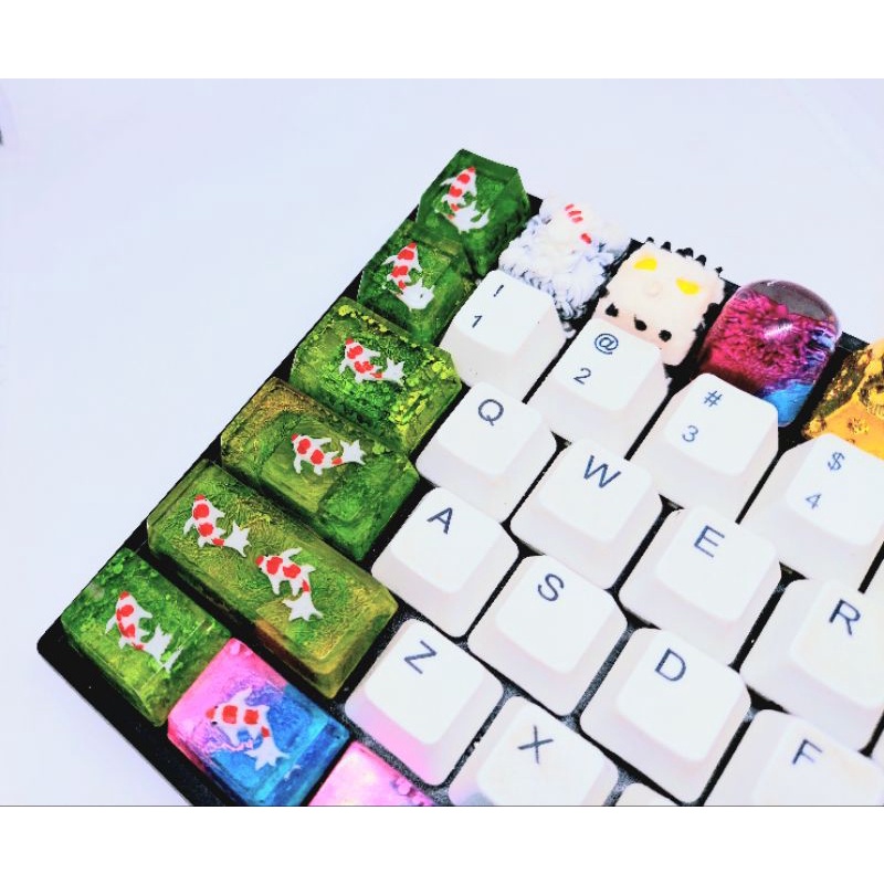 Set 6 keycap resin cá koi tone lá trang trí bàn phím cơ gaming