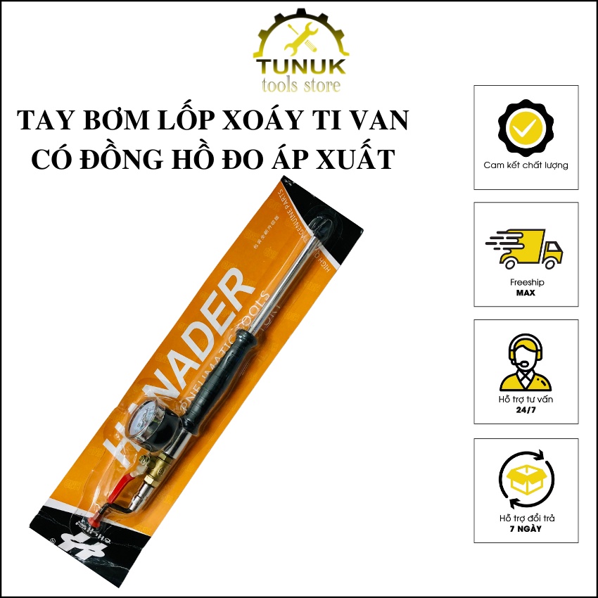 Tay bơm lốp cong 2, xoáy ti van đầu Tunuk bơm lốp ô tô , xe máy có đồng hồ