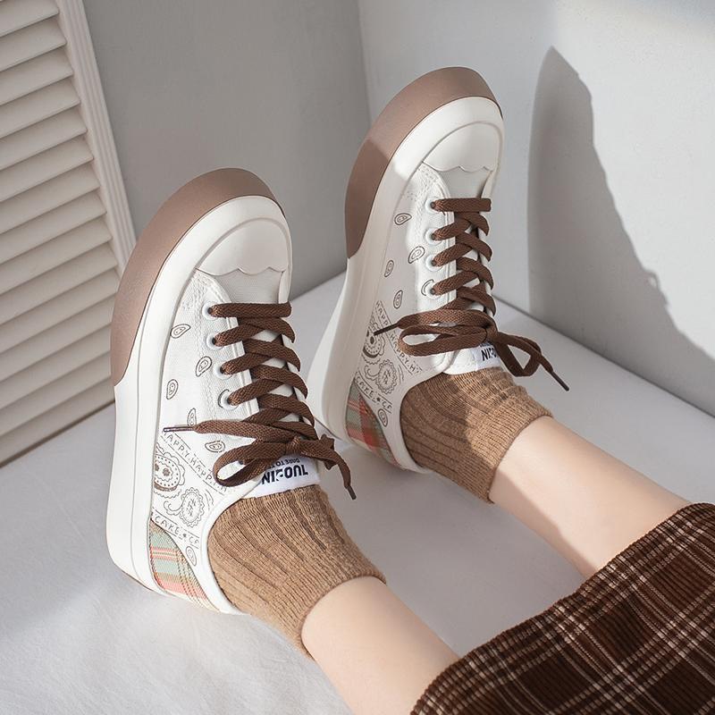 Giày thể thao nữ Toupin 2 màu trắng phối hồng & nâu vải canvas dáng basic đế độn phong cách retro ulzzang hàn quốc 2022