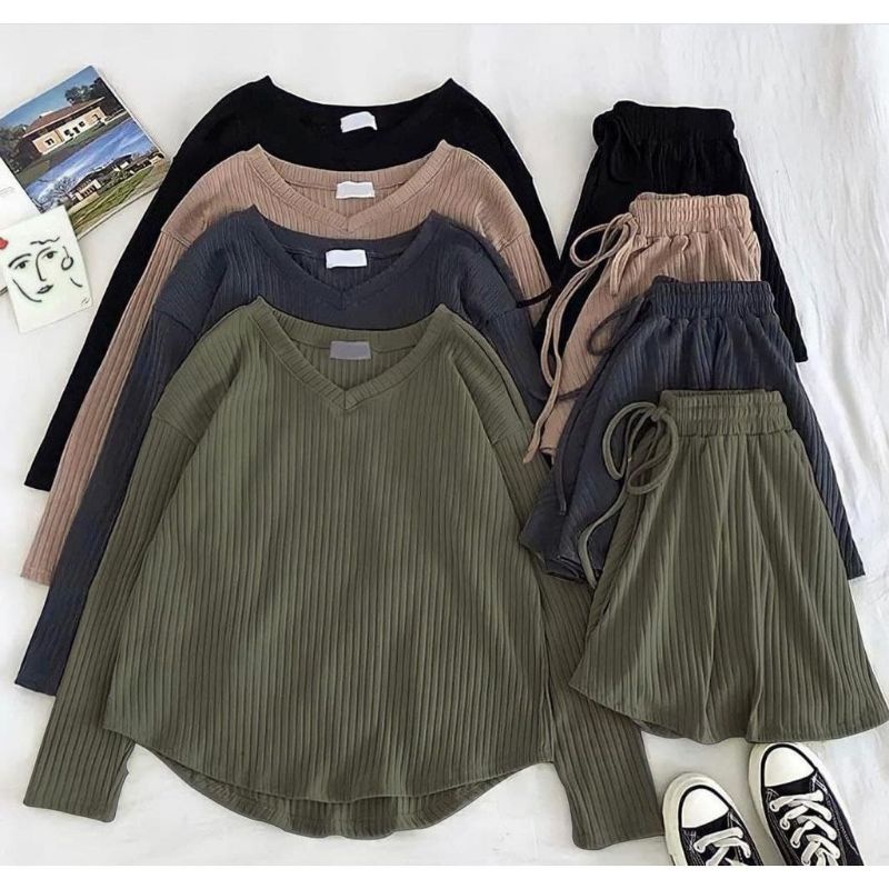 Set áo thun dài tay + quần short cho bé 10-13 tuổi