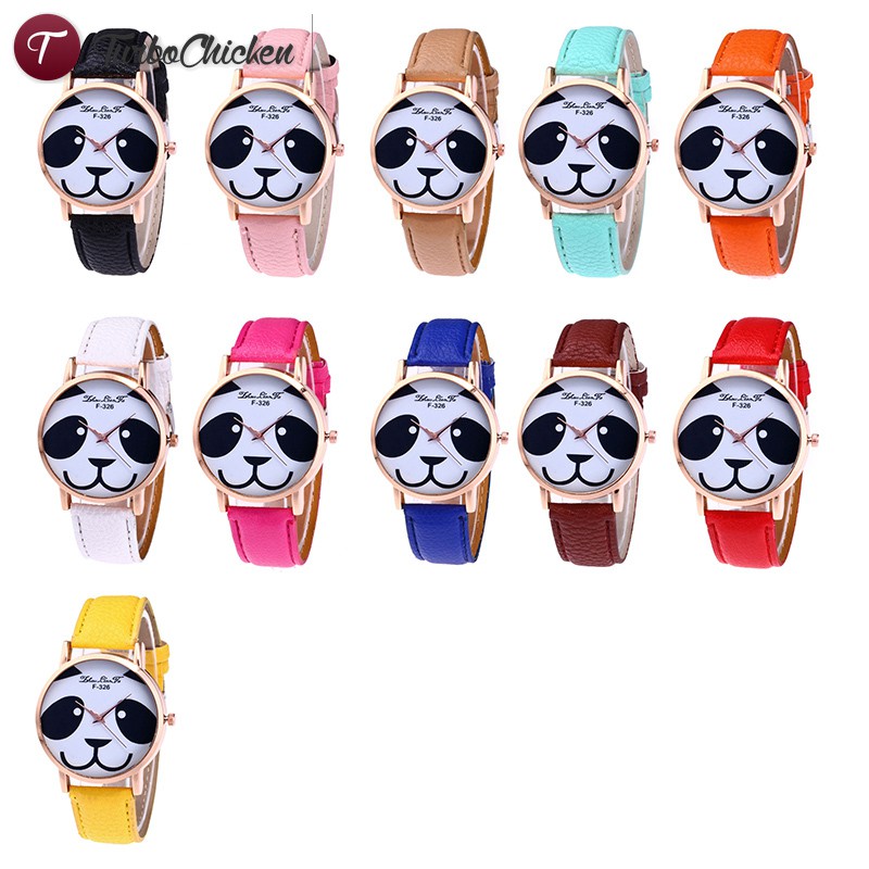 #Đồng hồ đeo tay# Quartz Watch PU Leather Band Cute Cartoon Panda Printing Round Dial Watches Cute Gifts for Girls