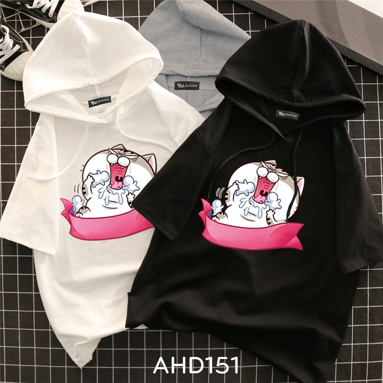 AHD151 Áo thun teen nam nữ HOODIE TAY LỠ CÓ NÓN hình mèo ami khẩu nghiệp