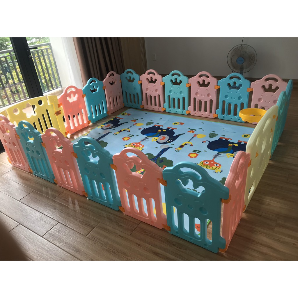 [Cao cấp] Quây cũi nhựa nguyên sinh hình vương miện 20 tấm (18+2) 1,92m x 2,29m - quây bóng - quây nhựa an toàn cho bé