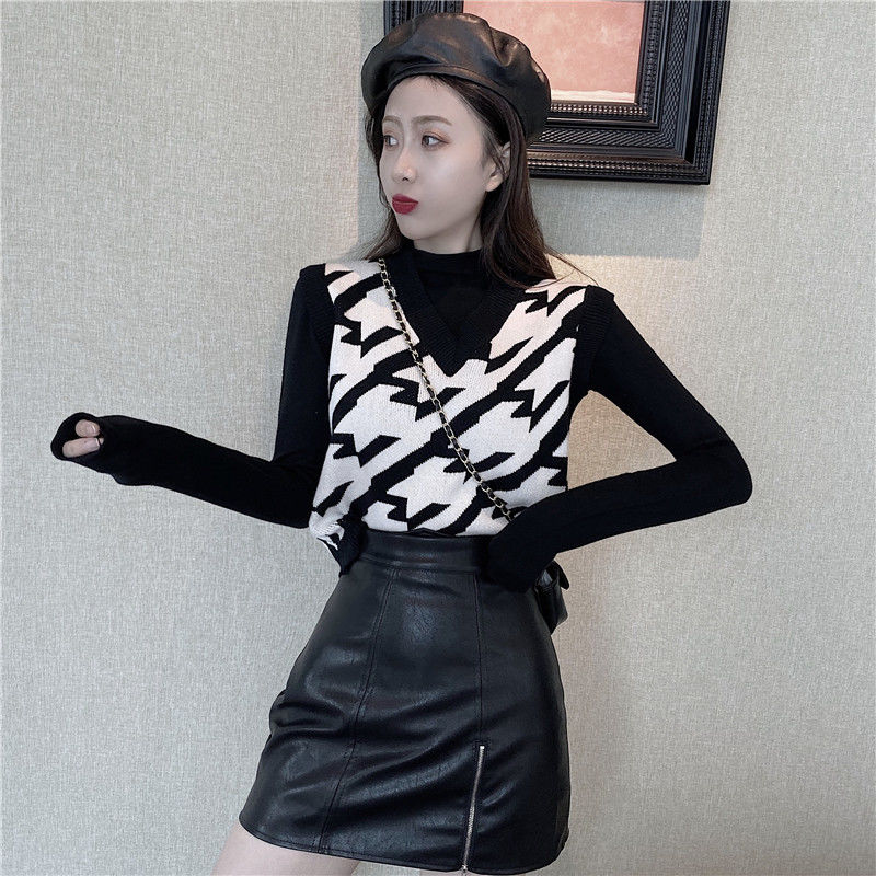 Áo Vest Cổ Cao Ôm Dáng Màu Tương Phản Thời Trang Thu Đông Cho Nữ