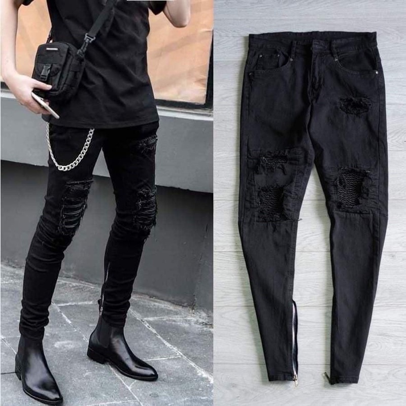 Quần jean skinny nam Amiri rách đùi gối vá vải nhăn xích bạc thêu khoá zip ống phong cách streetwear QJ124P