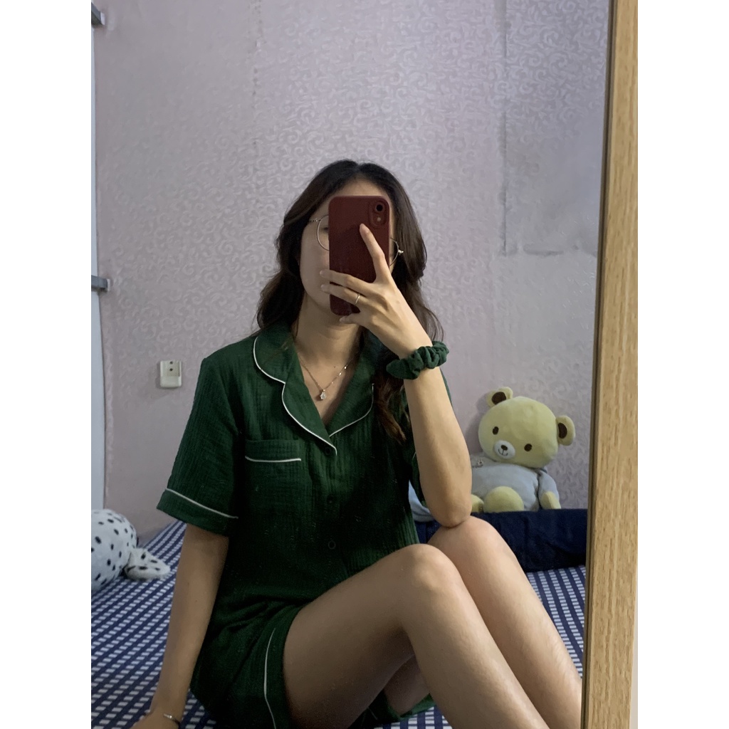 Pyjama xô muslin màu xanh lá siêu dễ thương