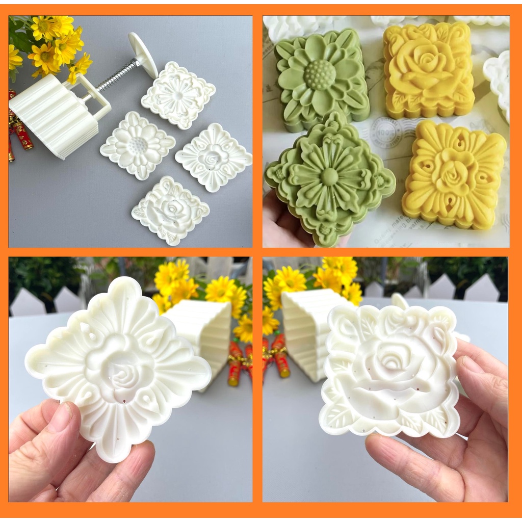 Trung Thu 4 mặt VUÔNG VÂN HOA Hướng Dương Sen Hồng Hạnh Phúc. Khuôn Bánh Trung thu 3d Siêu Sắc nét 250gr 200gr, 150 gram